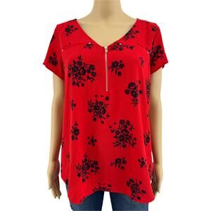 Tempted MEDIUM Red Floral Zipper V Neck Short Sleeve High Low Hem Blouse Top